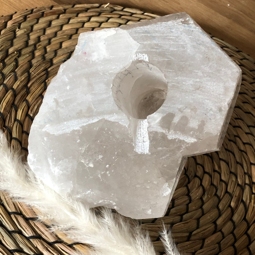 Bergkristall Rohstein Lampe inkl.Teakholzschale B-Ware